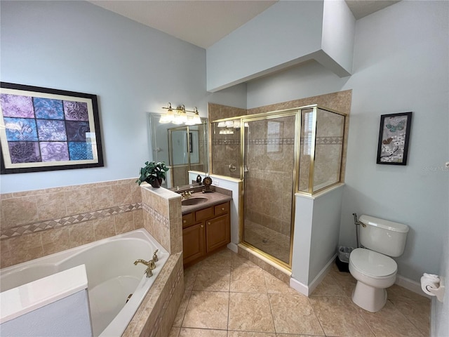 full bathroom featuring vanity, tile patterned floors, toilet, and separate shower and tub