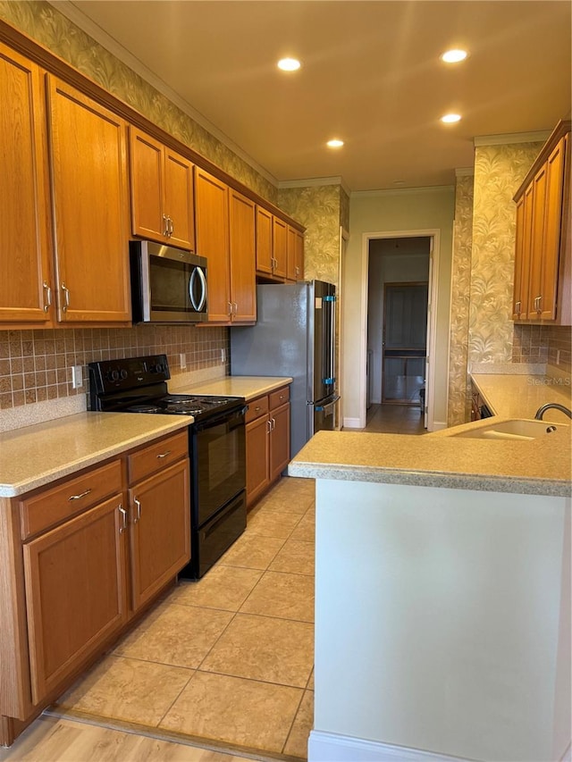 kitchen with light tile patterned flooring, crown molding, kitchen peninsula, stainless steel appliances, and decorative backsplash