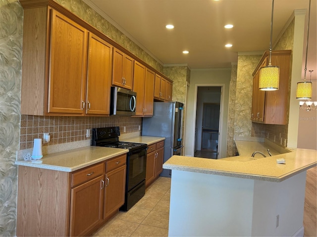 kitchen featuring kitchen peninsula, backsplash, light tile patterned floors, black electric range oven, and ornamental molding