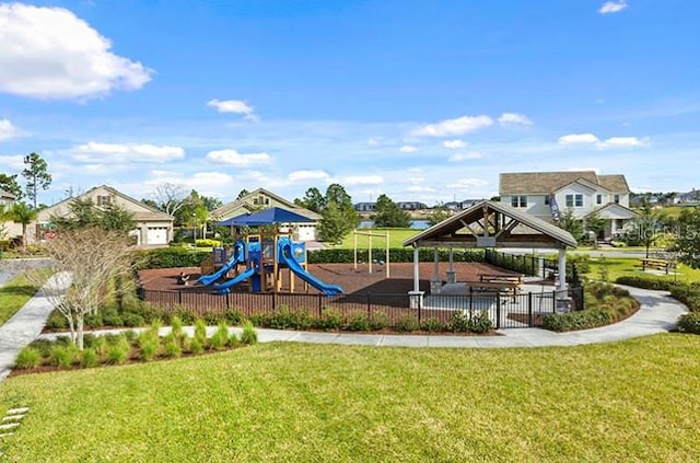 view of jungle gym with a gazebo and a yard