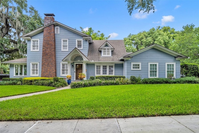 view of front of home with a shingled roof, a chimney, and a front yard