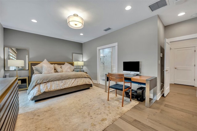 bedroom featuring baseboards, recessed lighting, visible vents, and light wood-style floors