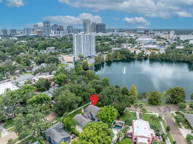 bird's eye view featuring a city view and a water view