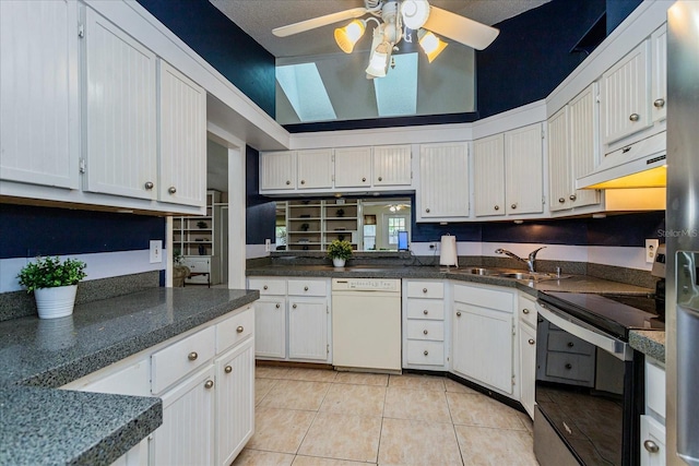 kitchen featuring white cabinetry, stainless steel range with electric cooktop, white dishwasher, and sink