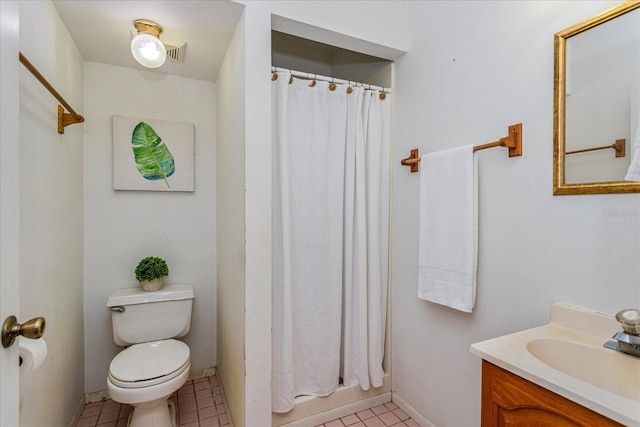 bathroom featuring walk in shower, vanity, toilet, and tile patterned floors