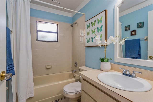 full bathroom with vanity, crown molding, toilet, and shower / tub combo with curtain