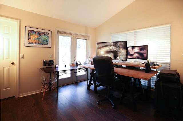 office area with vaulted ceiling and hardwood / wood-style flooring