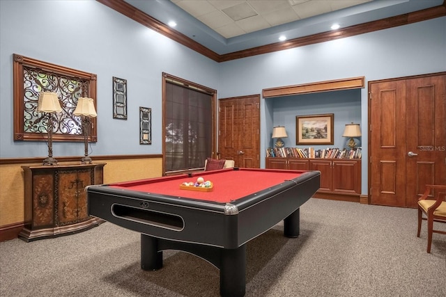 rec room featuring carpet, a wainscoted wall, billiards, and recessed lighting