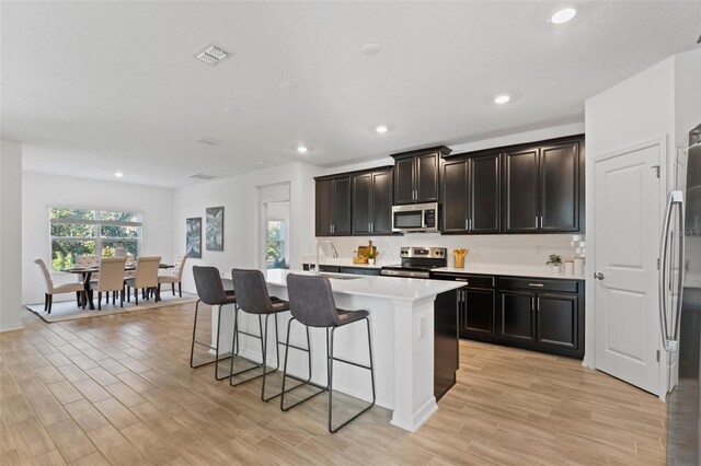 kitchen with visible vents, light wood-style floors, a kitchen breakfast bar, appliances with stainless steel finishes, and an island with sink