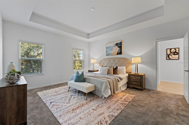 carpeted bedroom featuring a raised ceiling and baseboards