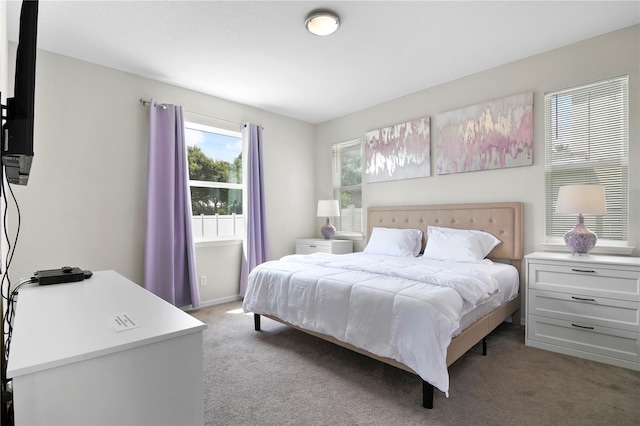 bedroom with light colored carpet