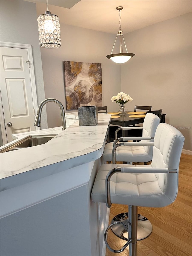 dining space with sink and wood-type flooring