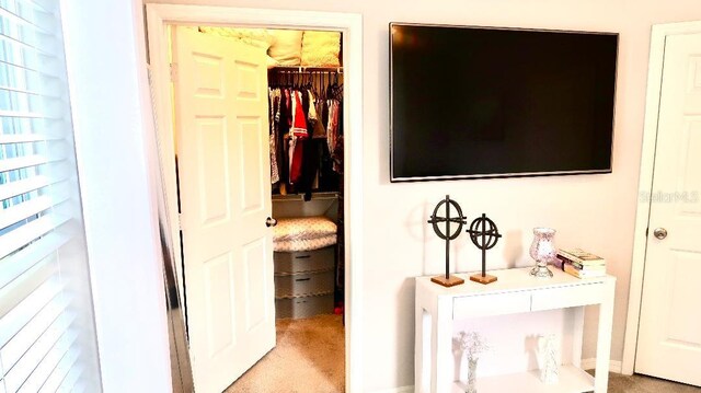 hallway with light colored carpet