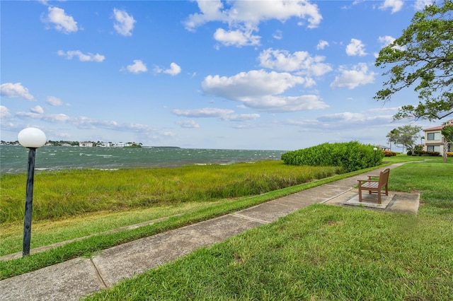 view of property's community with a lawn and a water view