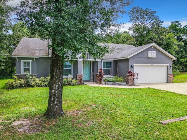 ranch-style home with a garage and a front yard