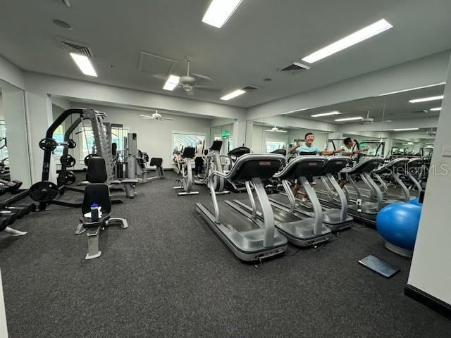 gym featuring visible vents and a ceiling fan