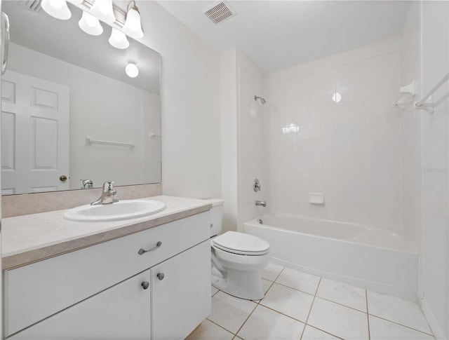 full bath with bathtub / shower combination, visible vents, toilet, vanity, and tile patterned flooring