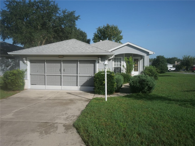 single story home featuring an attached garage, a shingled roof, a front lawn, and concrete driveway