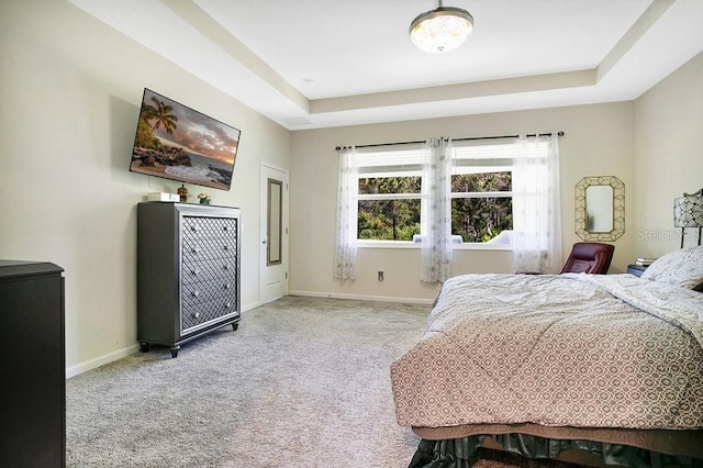 bedroom featuring a tray ceiling and light carpet