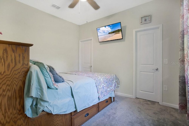 bedroom featuring ceiling fan and carpet floors