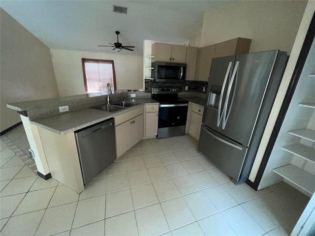 kitchen featuring sink, ceiling fan, kitchen peninsula, and stainless steel appliances