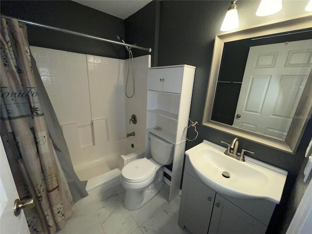 full bathroom featuring tile patterned floors, vanity, shower / tub combo with curtain, and toilet