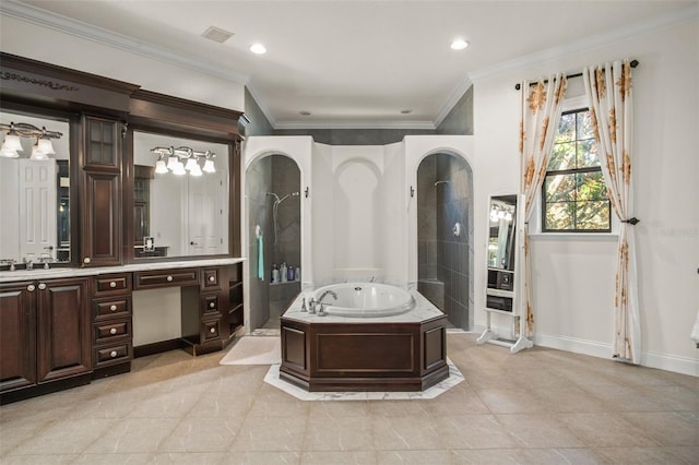 bathroom with vanity, crown molding, and shower with separate bathtub