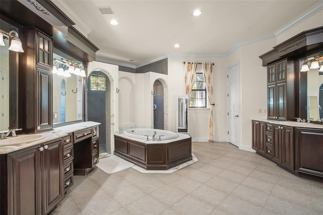 bathroom with vanity, tile patterned floors, ornamental molding, and shower with separate bathtub