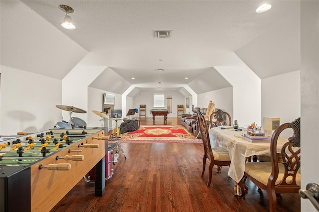 game room with lofted ceiling and wood-type flooring