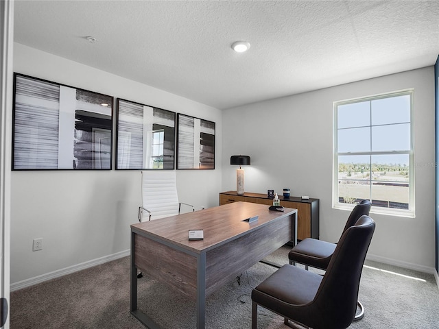 carpeted home office featuring a textured ceiling and baseboards