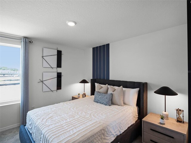 bedroom featuring carpet floors, baseboards, and a textured ceiling