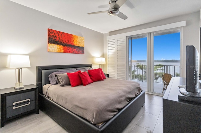 bedroom featuring access to outside and ceiling fan