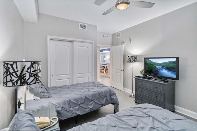 bedroom with ceiling fan and a closet