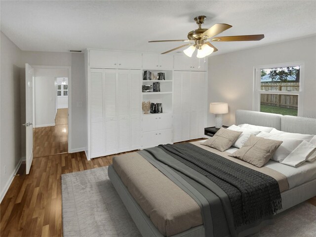 bedroom featuring two closets, dark hardwood / wood-style floors, and ceiling fan