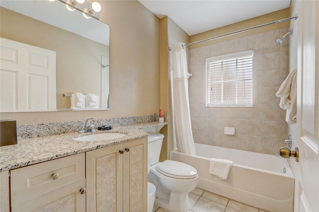 full bathroom featuring vanity, toilet, shower / bath combination with curtain, and tile patterned flooring