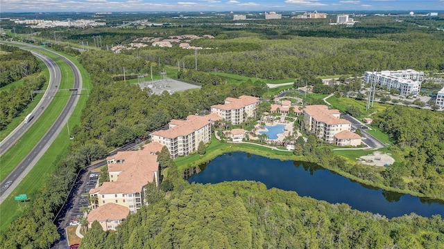 bird's eye view with a water view