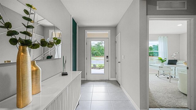 carpeted foyer entrance featuring a wealth of natural light