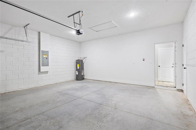 garage with electric panel, electric water heater, and a garage door opener