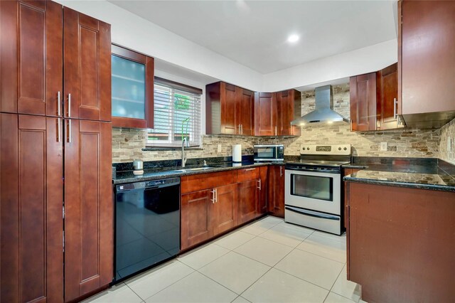 kitchen with black dishwasher, electric stove, light tile patterned floors, decorative backsplash, and wall chimney exhaust hood