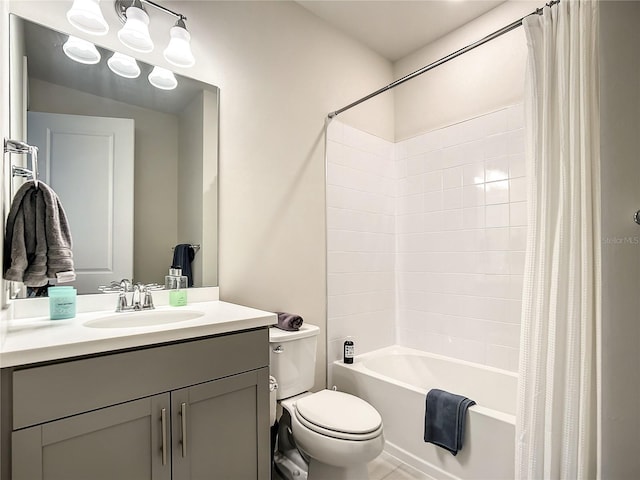 full bathroom featuring toilet, shower / bathtub combination with curtain, and vanity