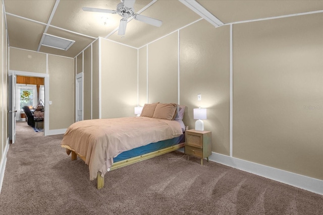 carpeted bedroom featuring ceiling fan and baseboards