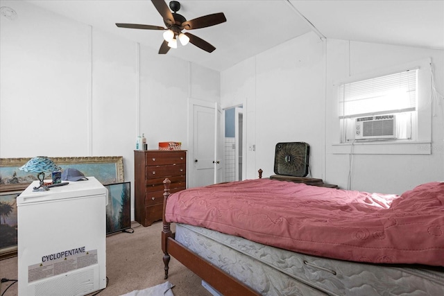 bedroom featuring lofted ceiling, cooling unit, a ceiling fan, and light colored carpet