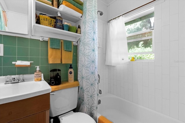 full bathroom featuring toilet, shower / tub combo, vanity, tile walls, and tasteful backsplash