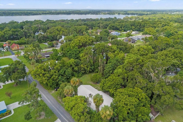 drone / aerial view with a water view and a forest view