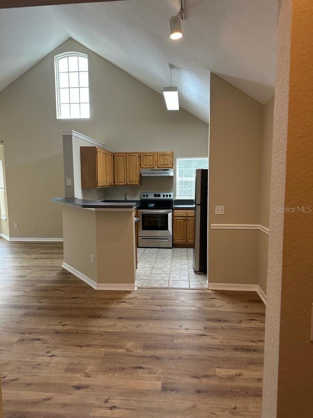 kitchen featuring kitchen peninsula, appliances with stainless steel finishes, light wood-type flooring, and vaulted ceiling