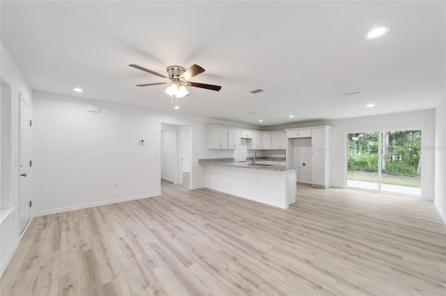 unfurnished living room with light hardwood / wood-style floors, sink, and ceiling fan