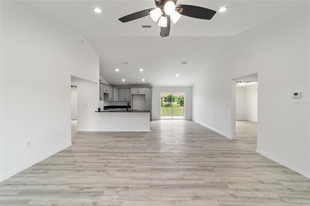 unfurnished living room featuring high vaulted ceiling, light hardwood / wood-style flooring, sink, and ceiling fan