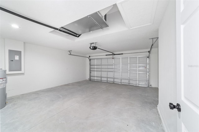 garage featuring water heater, electric panel, and a garage door opener