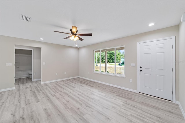 entryway featuring ceiling fan and light wood-type flooring