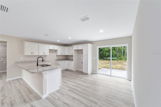 kitchen featuring white cabinets, sink, light stone countertops, light hardwood / wood-style floors, and kitchen peninsula